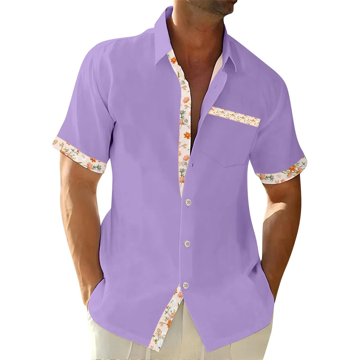 Chemise Homme Manches Courtes Col Cubain Texturé avec Poche Poitrine, Boutonnée Ample Décontractée pour Été, Vacances et Loisirs