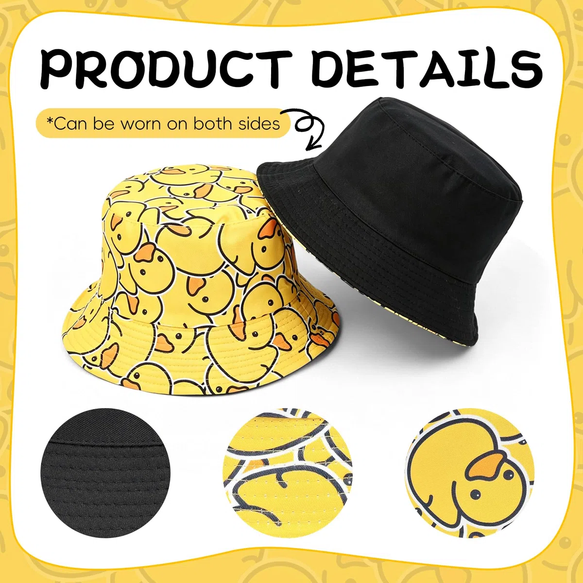 Bob Femme Réversible Motif Petit Canard Jaune, Bob Chapeau Pliable Été Unisexe, Chapeau Bob Femme Double Face pour Plage Voyage Festival Pêche Vacances Streetwear