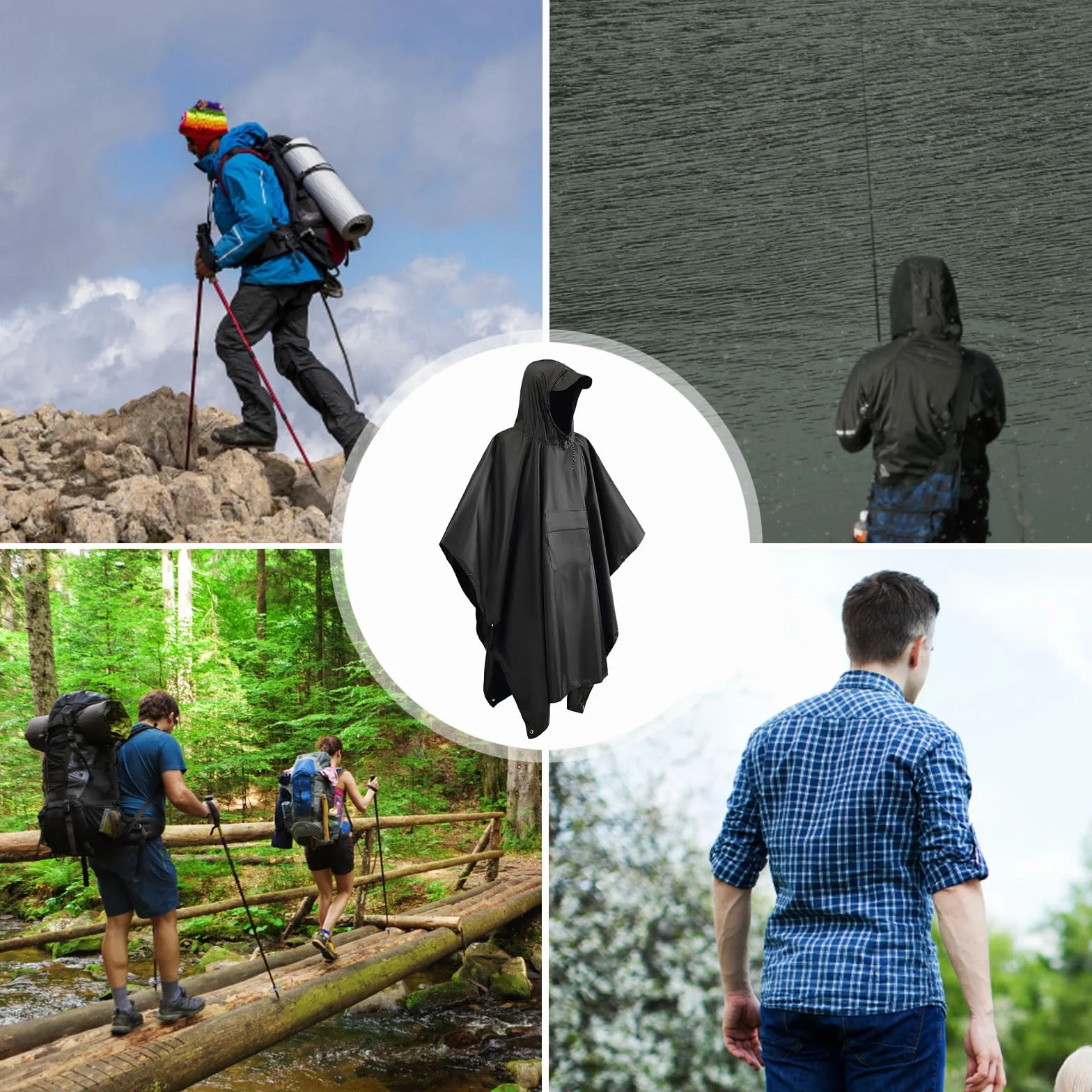 DAWRIS Poncho de Pluie Imperméable 3 en 1 en Oxford 210T - Veste Pour Homme Avec Capuche - Pour Festival, Vélo, Randonnée, Camping, Pêche