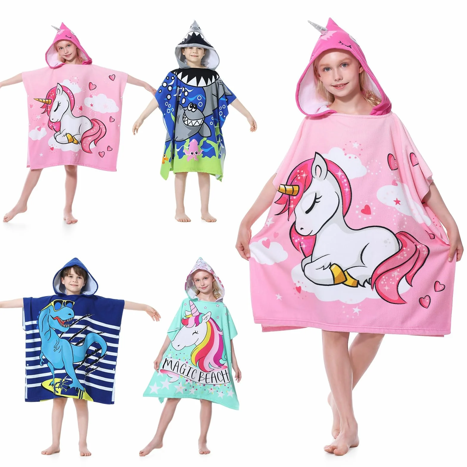 Mokani Poncho de Bain Enfant, Microfibre Ultra Doux et Absorbant Peignoir de Bain Enfant pour Salle de Bain Piscine Plage, Serviette de Plage Enfant Cape de Bain à Capuche pour Filles Garçons 6-14 Ans