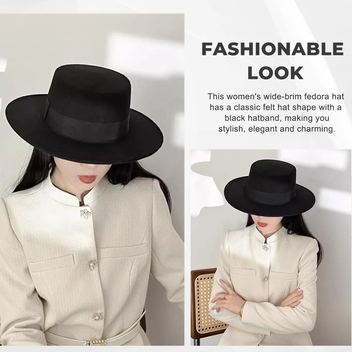 Chapeau Classique Noir Plat Bord Fedora Panama en Feutre - Église Derby à Tarte de Porc Jazz avec Ceinture pour Femmes Hommes