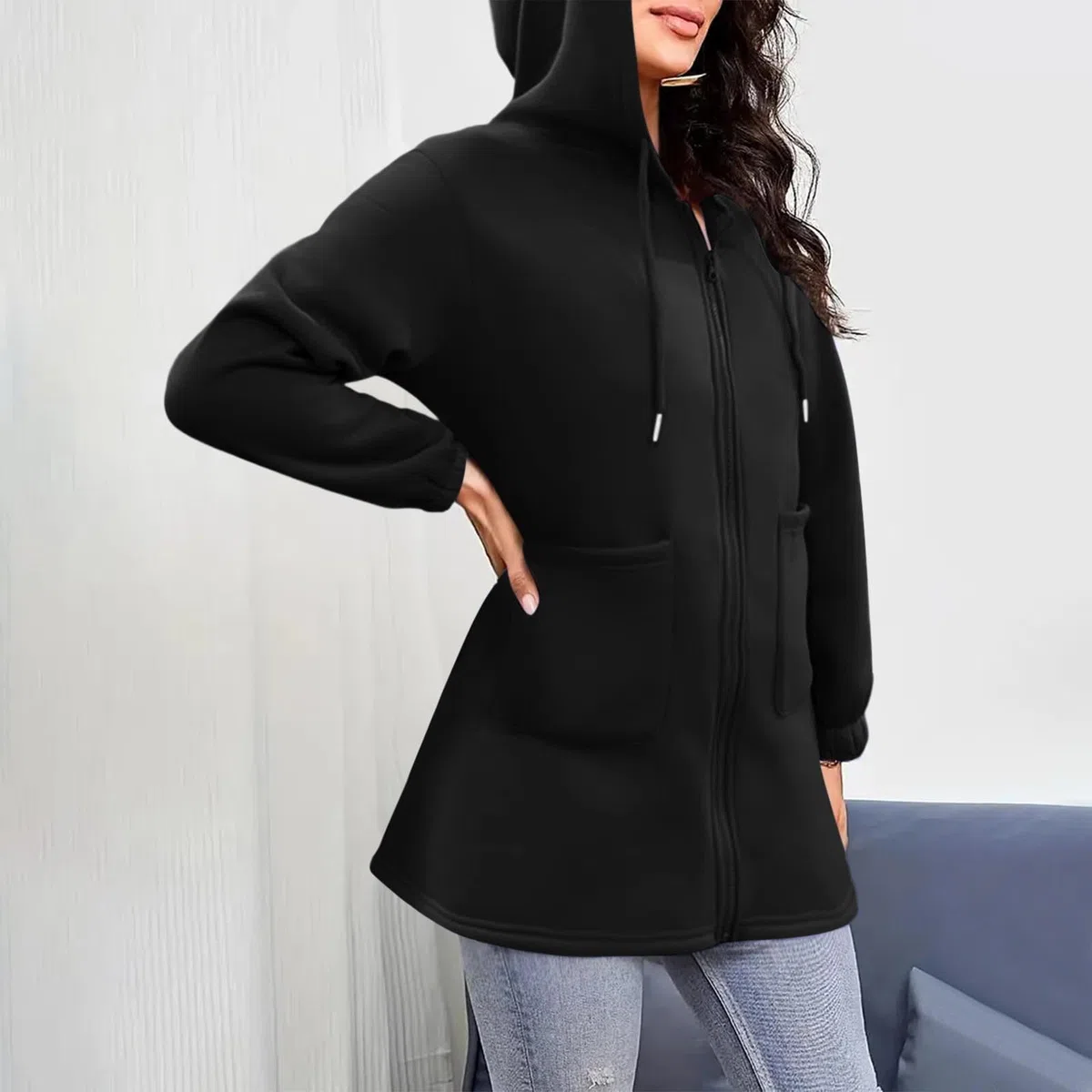 RLEHJN Sweat Long Femme Avec Capuche Sweat À Capuche Basique Zippé Pour Femmes Veste Manches Longues Femme Avec Poches Sweatshirt Manteau Long Avec Cordon De Serrage Outwear Loisirs