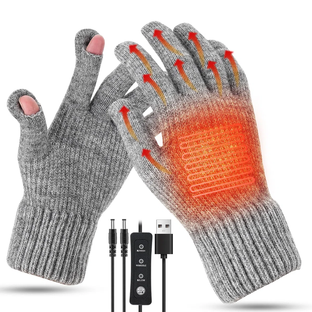 Gants Chauffants USB Avec 3 Niveaux de Température - Électriques Avec Ouverture du Pouce et de l'Index - Tricotés Pour Ordinateur Portable