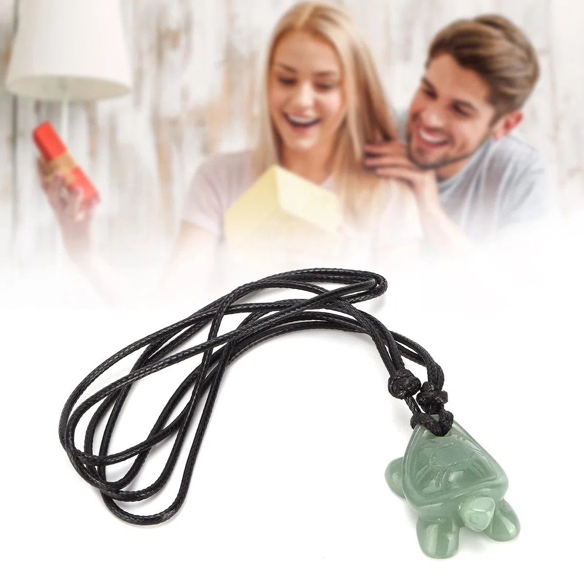 Collier avec Pendentif en Jade, Collier Pendentif en Quartz Naturel Sculpté Tortue, Lanière Ajustable, 2.9 x 2 x 1.4 cm, Pierre de Quartz, Cadeau pour Hommes et Femmes
