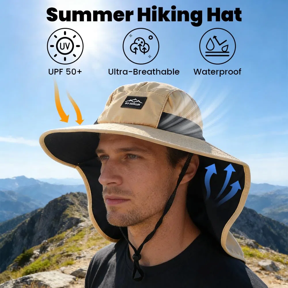 Chapeau Anti UV Homme, Chapeau de Brousse, Taille Universelle, sans Distinction de Sexe, Large Bord, pour la Randonnée, Équitation, Plage de Sable, Pêche (Beige)