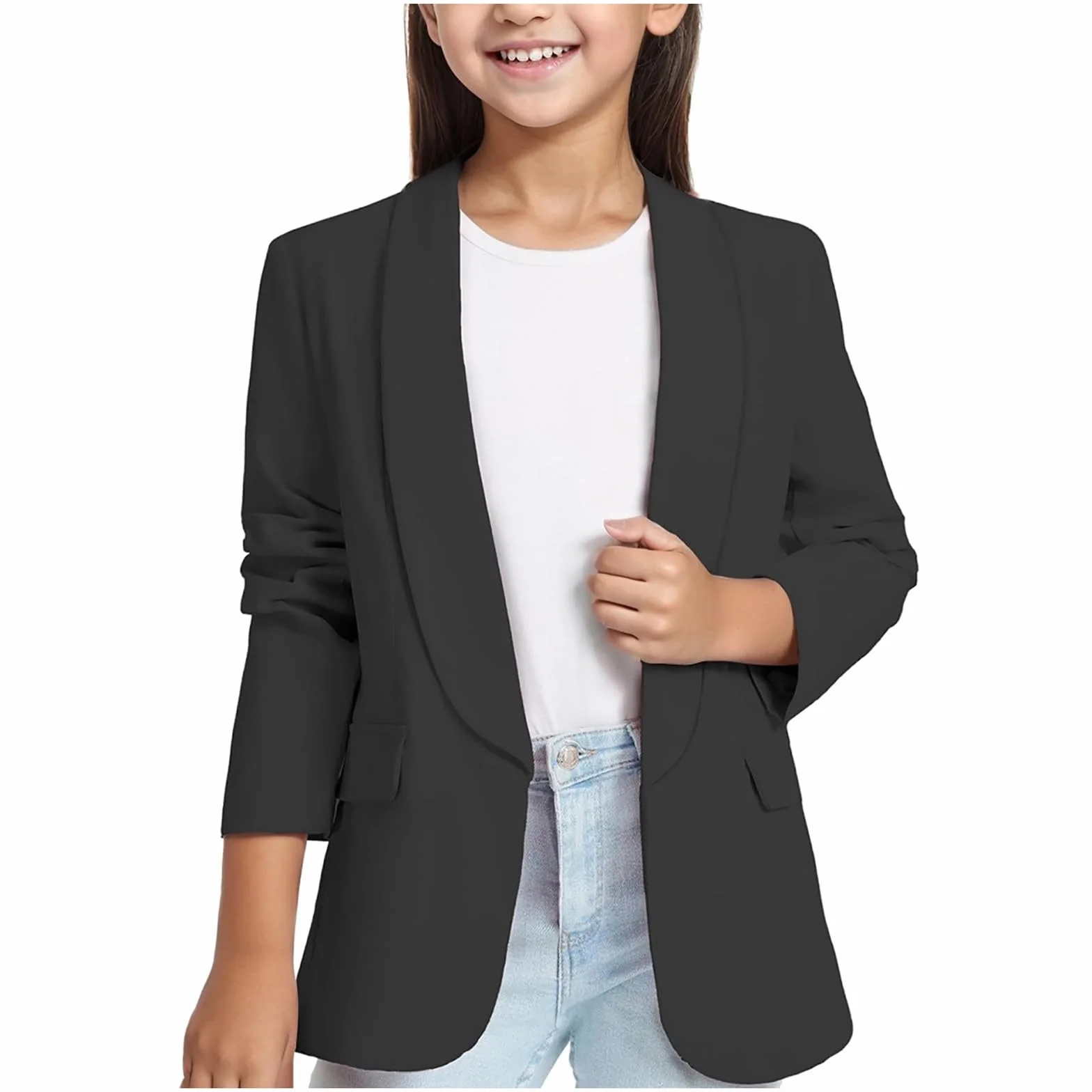 Veste de Costume pour Fille à Manches Longues Blazer élégant avec col châle Ouverture sur Le Devant Poche intérieure Veste habillée pour Enfants Tunique Noire pour cérémonie école Quotidien