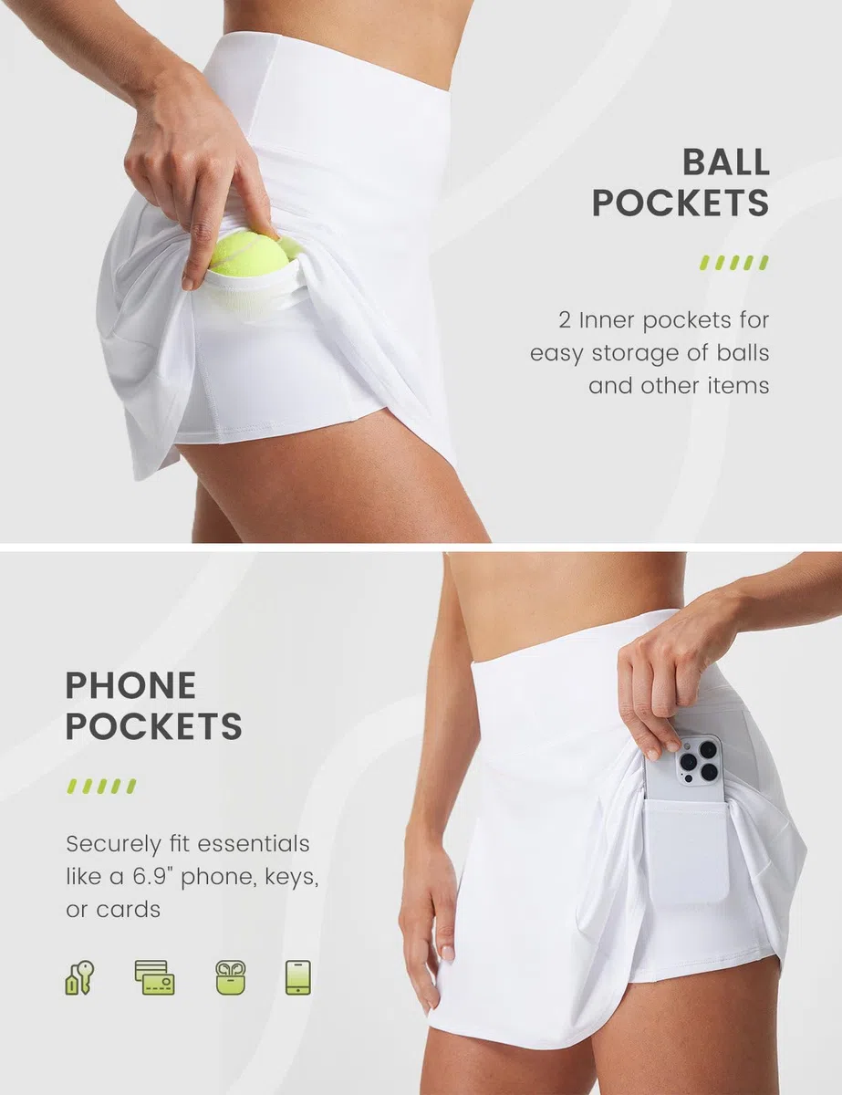 baleaf Jupes de tennis pour femmes - Taille haute - 35,6 cm - Jupe-short de golf athlétique avec poches courtes - Jupe trapèze décontractée