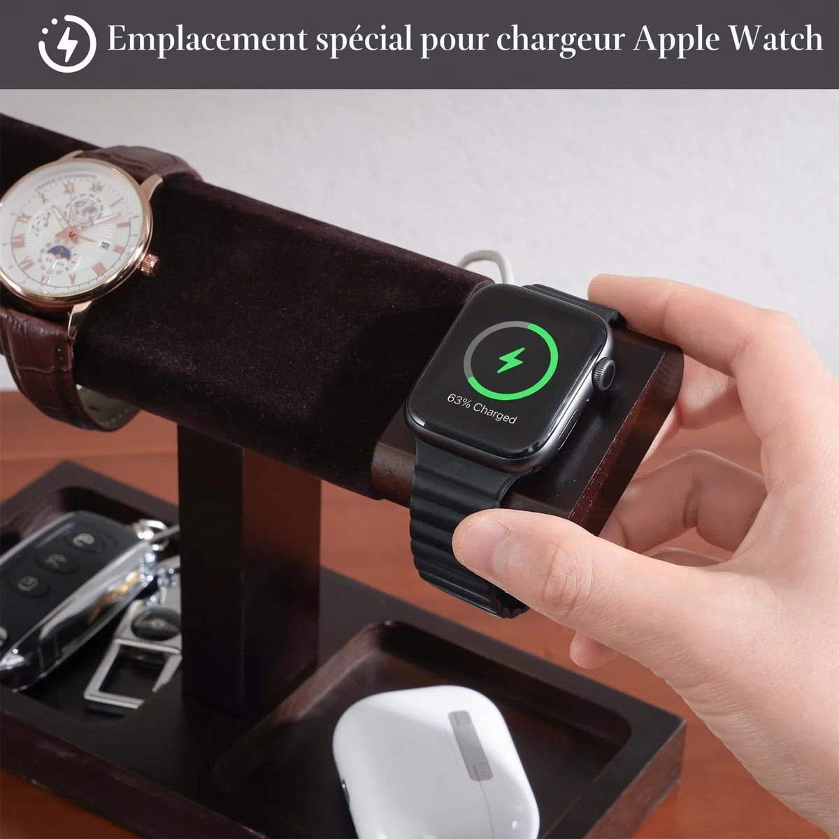 ProCase Support Montre Bois, Présentoir Montre, avec Un Emplacement de Chargement, Porte Bracelet -1 Niveau, Marron Foncé