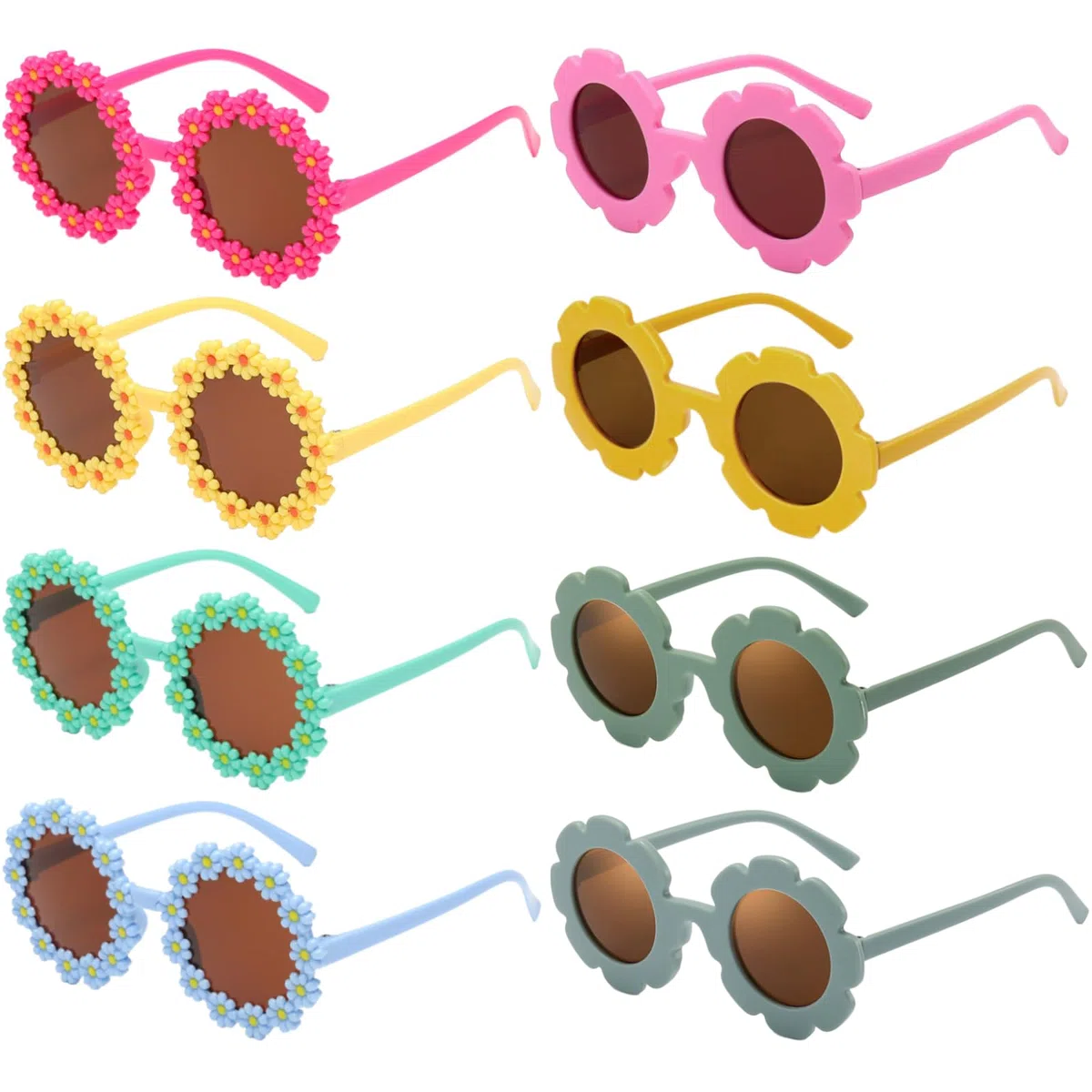 BDSHUNBF 8 Pcs Lunettes de Soleil Enfant, Lunette de Soleil Enfant, Lunette de Soleil Bébé, Lunettes de Soleil Bébé en Forme de Fleur, Designs Gais et Modernes, Des Paillettes et Des Couleurs Vives