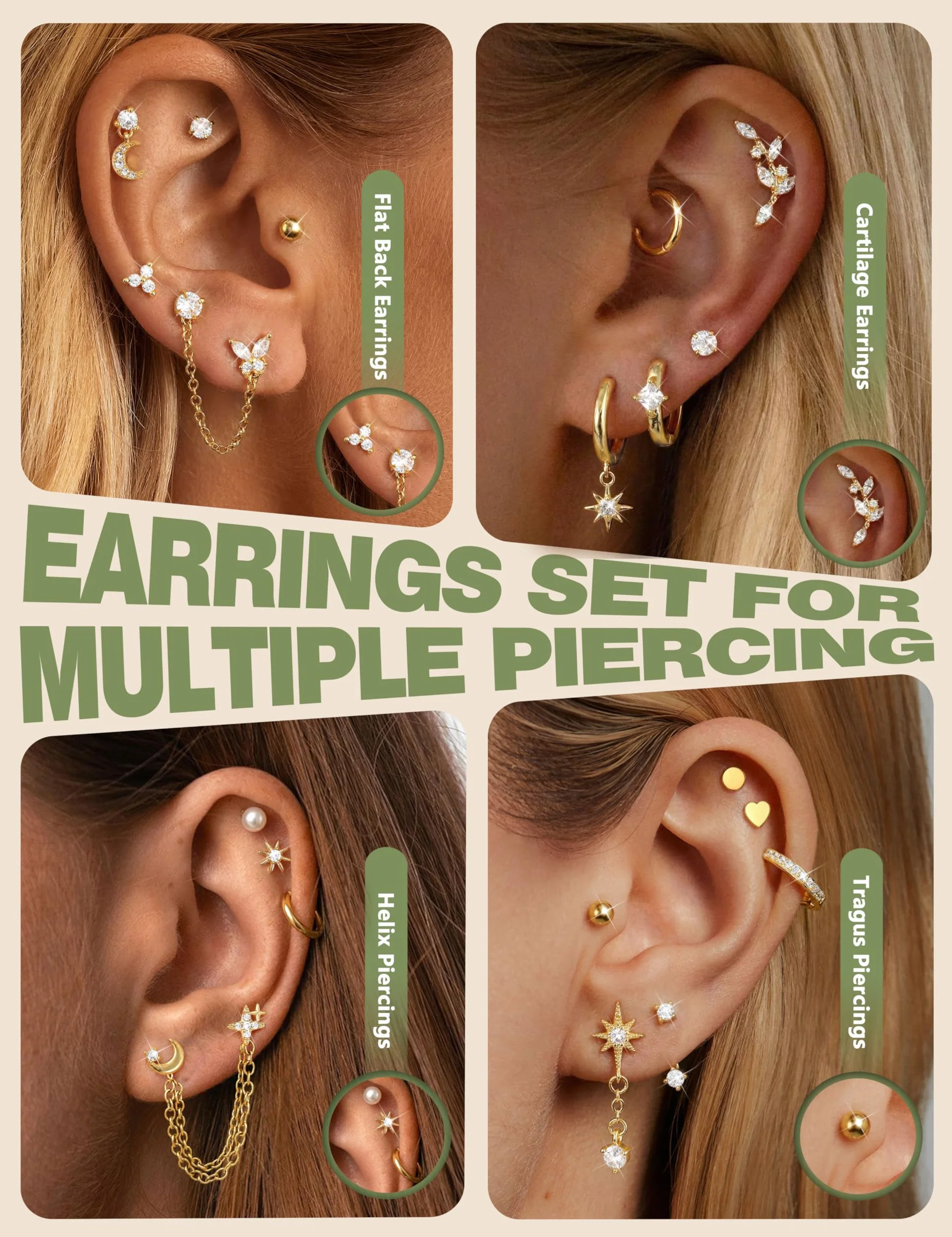 CASSIECA 21Pcs Boucles d'Oreilles Femme Piercing Oreille Acier Inoxydable Boucles d'Oreilles Or Argent Piercing Helix Conch Tragus Daith Bijoux Femme