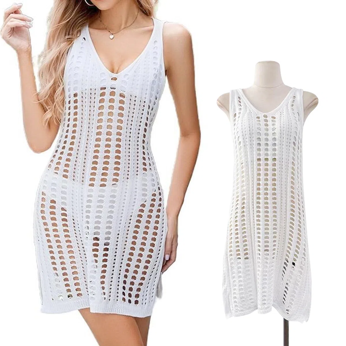 TYXHXTF Robe de Plage Femme Ete Crochet, Cache Maillot de Bain Femme Robe de Plage Crochet Sarongs Été Plage Couvrir Sexy, Bikini Cover Up Robe Évider Couvrir Beach Bohême Beachwear